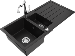Mexen Andres 1.5-bowl granite sink with drainer and kitchen faucet Carla, black - 6515-77-670700-00