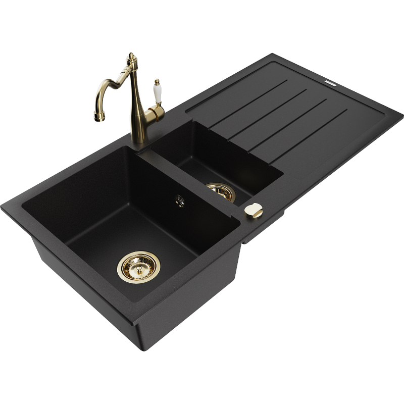 Mexen Andres granite sink 1.5-bowl with drainer and Carla kitchen tap, black - 6515-77-670700-50