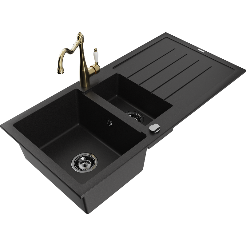Mexen Andres granite sink 1.5-bowl with drainer and Carla kitchen tap, black - 6515-77-670700-50-B