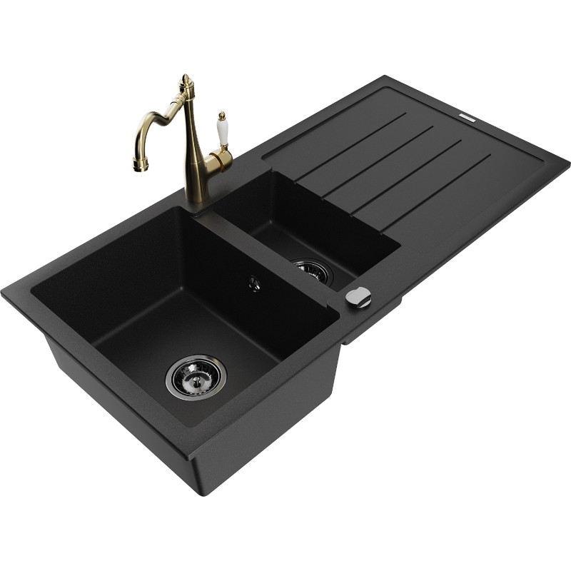 Mexen Andres granitische spoelbak 1,5-kamer met druiprek en keukenmengkraan Carla, zwart - 6515-77-670700-50-B