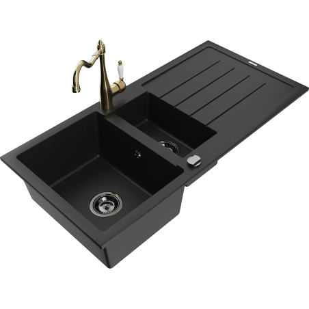 Mexen Andres granieten spoelbak 1,5-komor met afdruiprek en keukenmengkraan Carla, zwart - 6515-77-670700-50-B