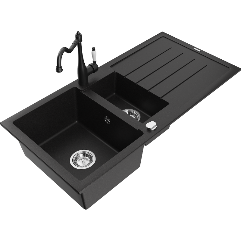 Mexen Andres graniittinen 1,5-allas tiskiallas valutustasolla ja Carla-keittiöhana, musta - 6515-77-670700-70