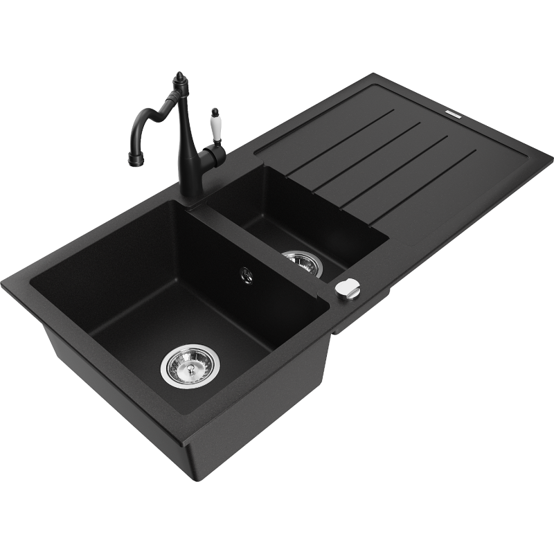 Mexen Andres granite kitchen sink 1.5-bowl with drainer and Carla kitchen tap, black - 6515-77-670700-70