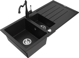 Mexen Andres granite kitchen sink 1.5-bowl with drainer and Carla kitchen tap, black - 6515-77-670700-70