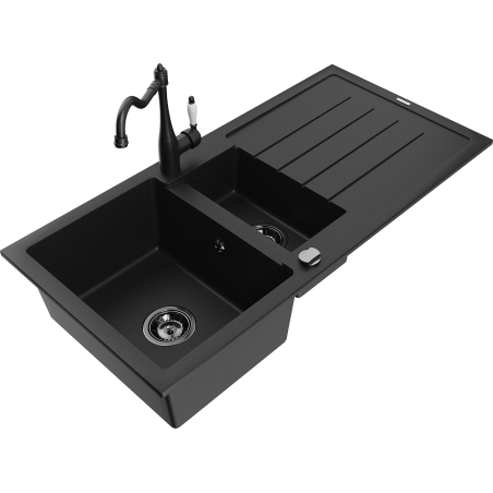 Mexen Andres zlewozmywak granitowy 1,5-komorowy z ociekaczem i baterią kuchenną Carla, czarny - 6515-77-670700-70-B