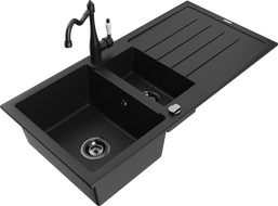 Mexen Andres granite sink 1.5-bowl with drainer and kitchen faucet Carla, black - 6515-77-670700-70-B