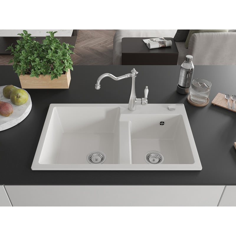 Mexen Tomas granite sink 2-chamber with Carla kitchen tap, white - 6516-20-670700-00