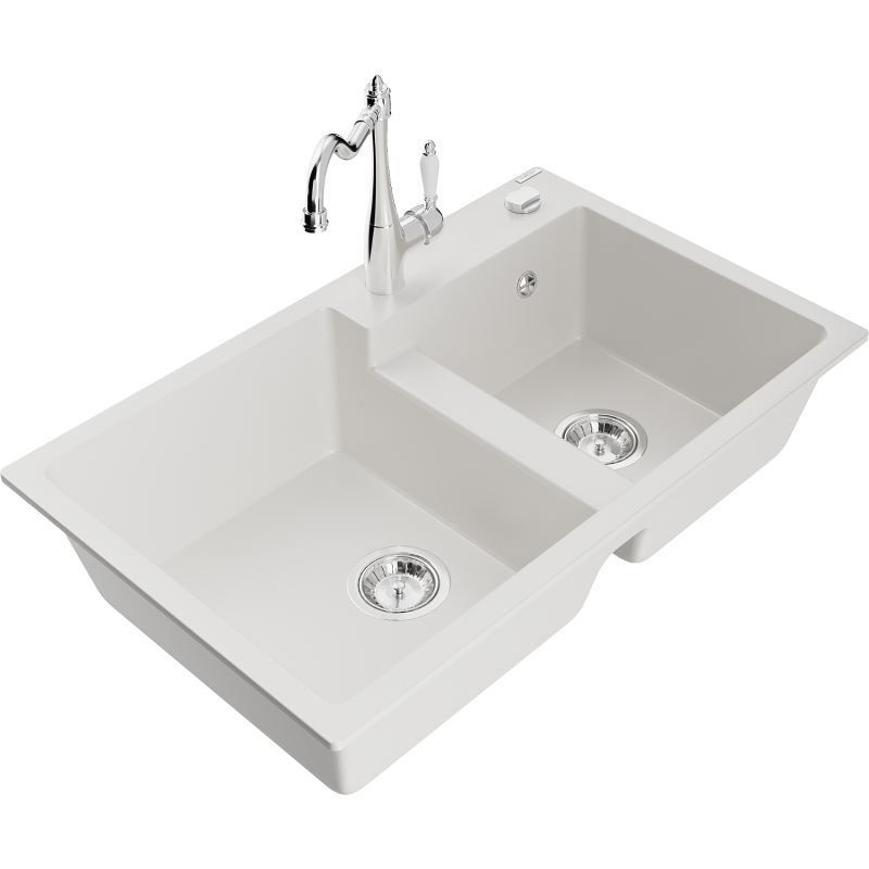 Mexen Tomas granite sink 2-chamber with Carla kitchen tap, white - 6516-20-670700-00