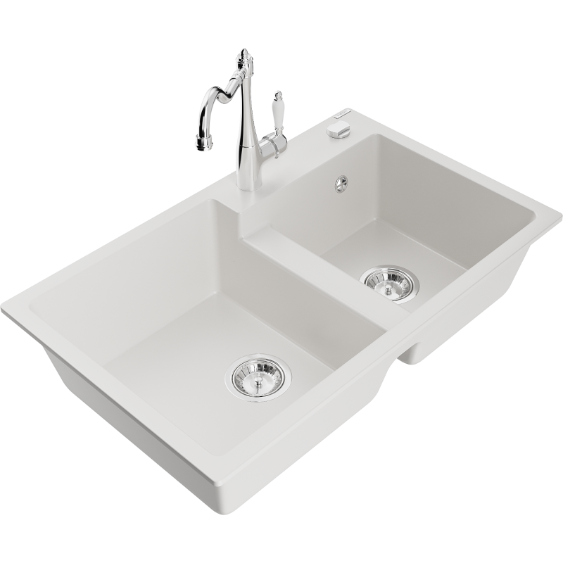 Mexen Tomas lava-loiça de granito de 2 compartimentos com torneira de cozinha Carla, branco - 6516-20-670700-00