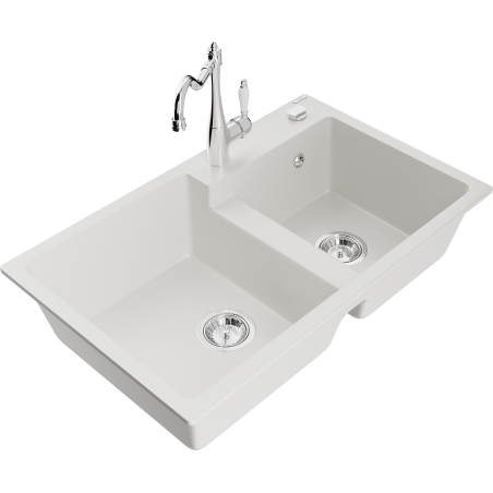 Mexen Tomas granite sink 2-chamber with Carla kitchen tap, white - 6516-20-670700-00