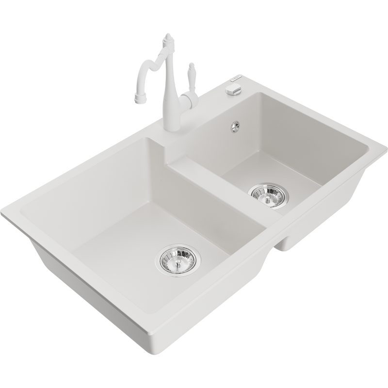 Mexen Tomas fregadero de granito de 2 senos con grifo de cocina Carla, blanco - 6516-20-670700-20