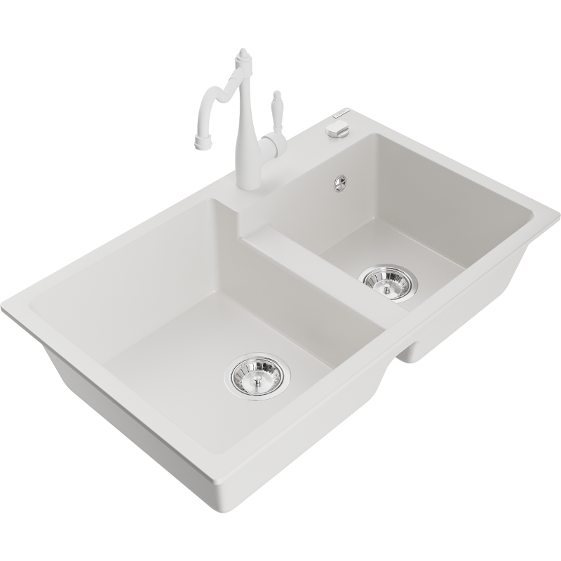 Mexen Tomas granite sink 2-chamber with Carla kitchen tap, white - 6516-20-670700-20