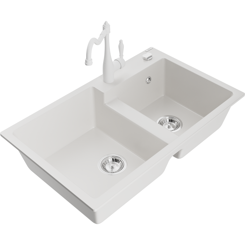 Mexen Tomas lava-loiça de granito de 2 cubas com torneira de cozinha Carla, branco - 6516-20-670700-20