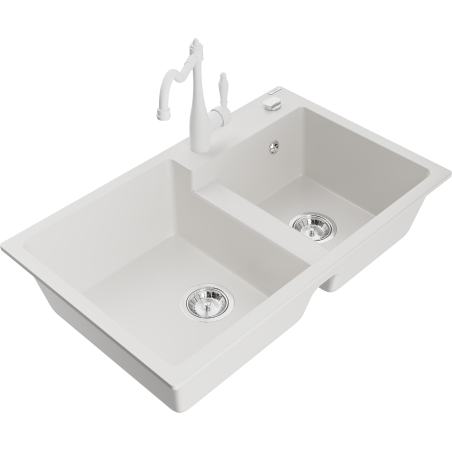 Mexen Tomas granite sink 2-chamber with Carla kitchen tap, white - 6516-20-670700-20