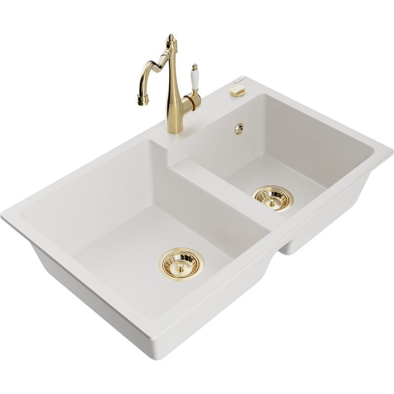 Mexen Tomas lavello da cucina in granito a 2 vasche con miscelatore da cucina Carla, bianco - 6516-20-670700-50