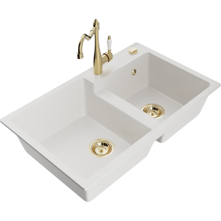 Mexen Tomas fregadero de granito de 2 senos con grifo de cocina Carla, blanco - 6516-20-670700-50