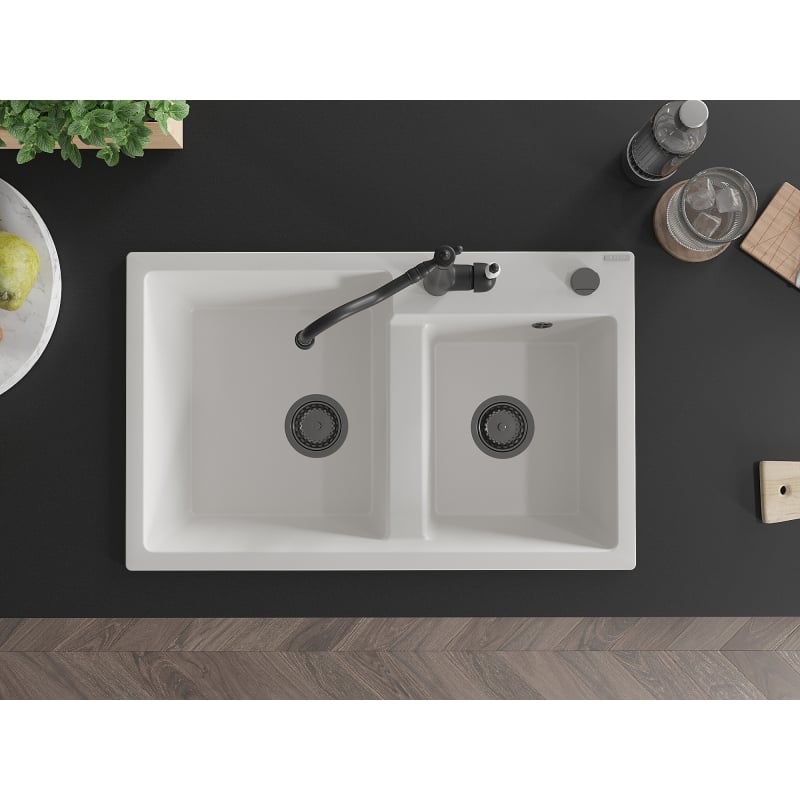 Mexen Tomas granite double bowl kitchen sink with Carla faucet, white - 6516-20-670700-70