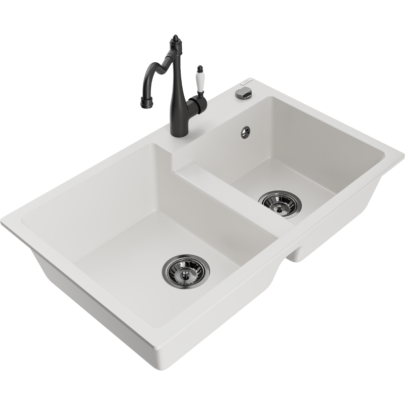 Mexen Tomas granite kitchen sink 2-bowl with Carla kitchen tap, white - 6516-20-670700-70