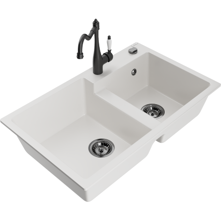 Mexen Tomas évier en granit à 2 bacs avec robinet de cuisine Carla, blanc - 6516-20-670700-70