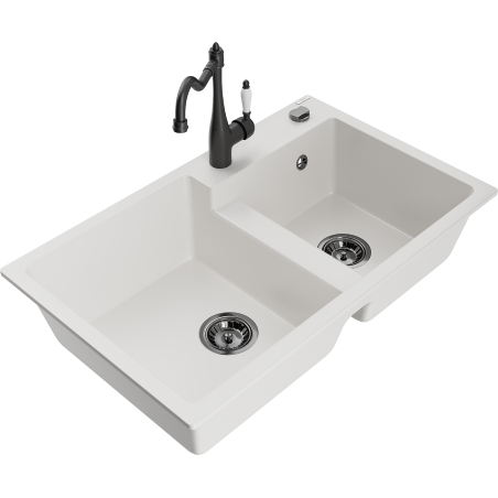 Mexen Tomas granite kitchen sink 2-bowl with Carla kitchen tap, white - 6516-20-670700-70