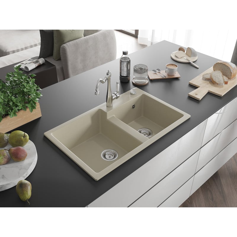 Mexen Tomas granite sink 2-bowl with Carla kitchen tap, beige - 6516-69-670700-00