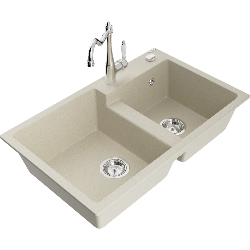 Mexen Tomas fregadero de granito de 2 compartimentos con grifo de cocina Carla, beige - 6516-69-670700-00
