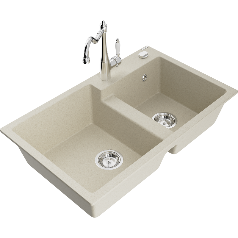 Mexen Tomas granite sink 2-bowl with Carla kitchen tap, beige - 6516-69-670700-00