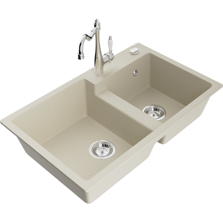 Mexen Tomas granite sink 2-bowl with Carla kitchen tap, beige - 6516-69-670700-00