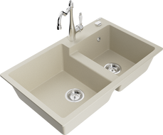 Mexen Tomas granite sink 2-bowl with Carla kitchen tap, beige - 6516-69-670700-00