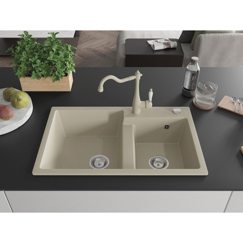 Mexen Tomas fregadero de granito de 2 compartimentos con grifo de cocina Carla, beige - 6516-69-670700-69