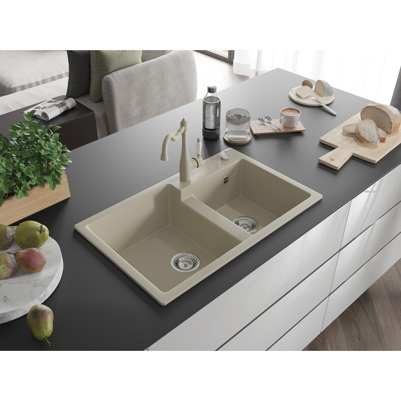 Mexen Tomas 2-Kammer-Granitspüle mit Küchenarmatur Carla, beige - 6516-69-670700-69
