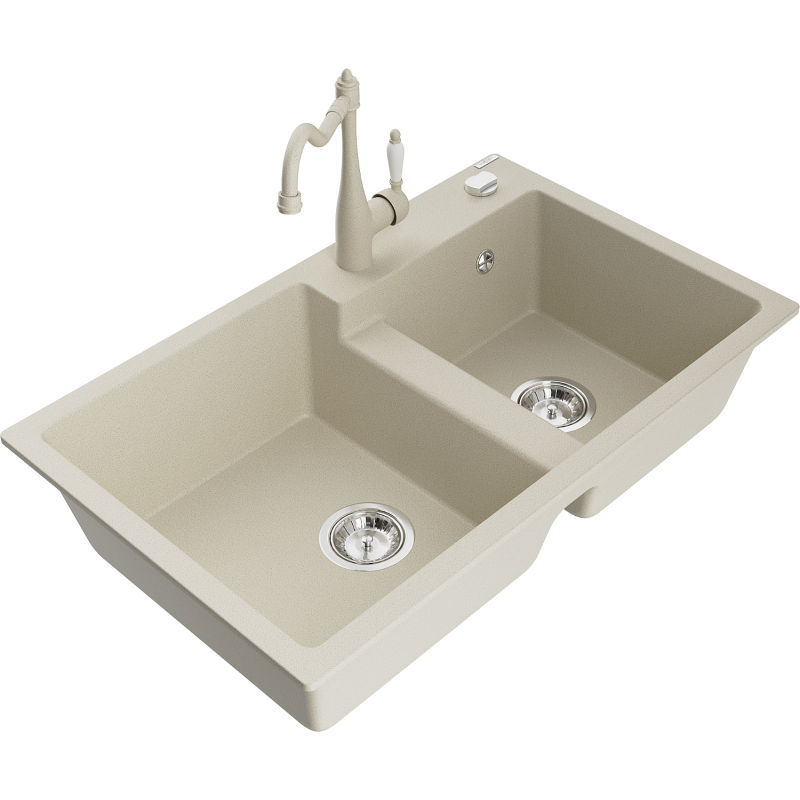 Mexen Tomas fregadero de granito de 2 senos con grifo de cocina Carla, beige - 6516-69-670700-69