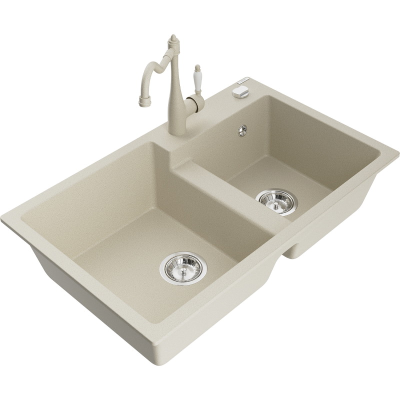 Mexen Tomas granitspüle 2-becken mit küchenarmatur Carla, beige - 6516-69-670700-69