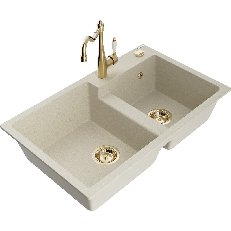 Mexen Tomas granitische dubbele spoelbak met keukenkraan Carla, beige - 6516-69-670700-50