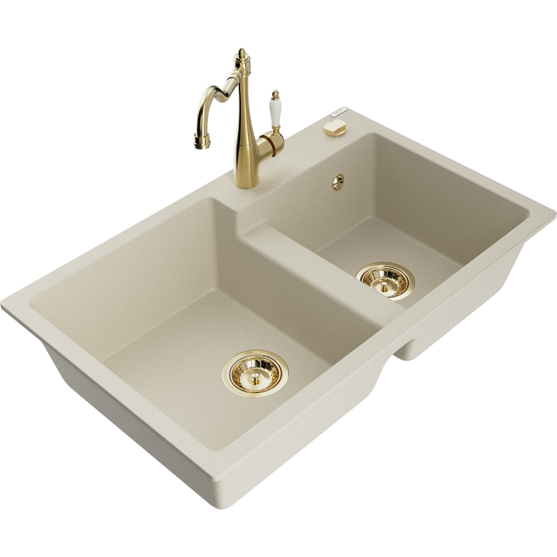 Mexen Tomas lava-loiça em granito de 2 cubas com torneira de cozinha Carla, bege - 6516-69-670700-50