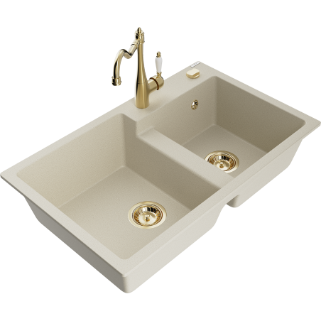 Mexen Tomas évier granitique à 2 bacs avec robinet de cuisine Carla, beige - 6516-69-670700-50