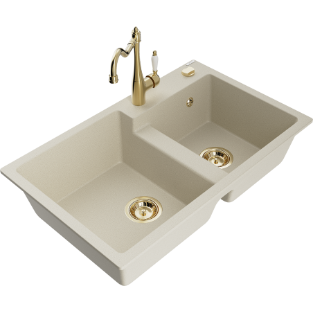 Mexen Tomas granite kitchen sink, 2-bowl with Carla kitchen tap, beige - 6516-69-670700-50