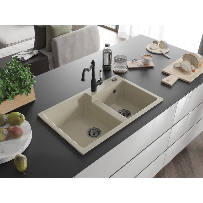 Mexen Tomas fregadero de granito de 2 senos con grifo de cocina Carla, beige - 6516-69-670700-70