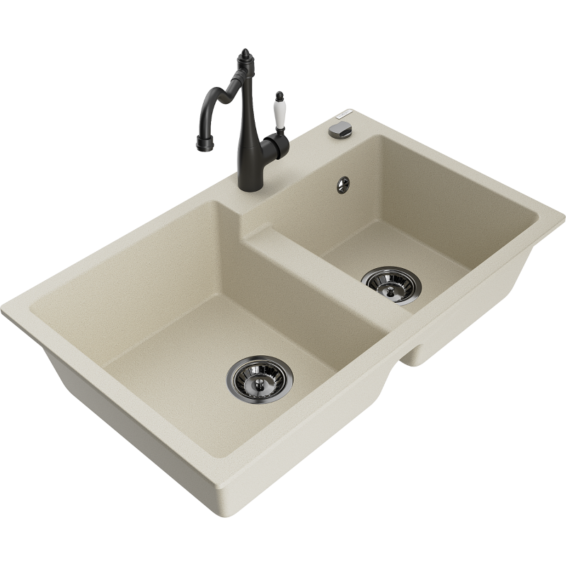 Mexen Tomas lavello in granito a 2 vasche con rubinetto da cucina Carla, beige - 6516-69-670700-70