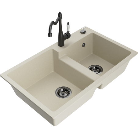 Mexen Tomas lavello in granito a 2 vasche con rubinetto da cucina Carla, beige - 6516-69-670700-70