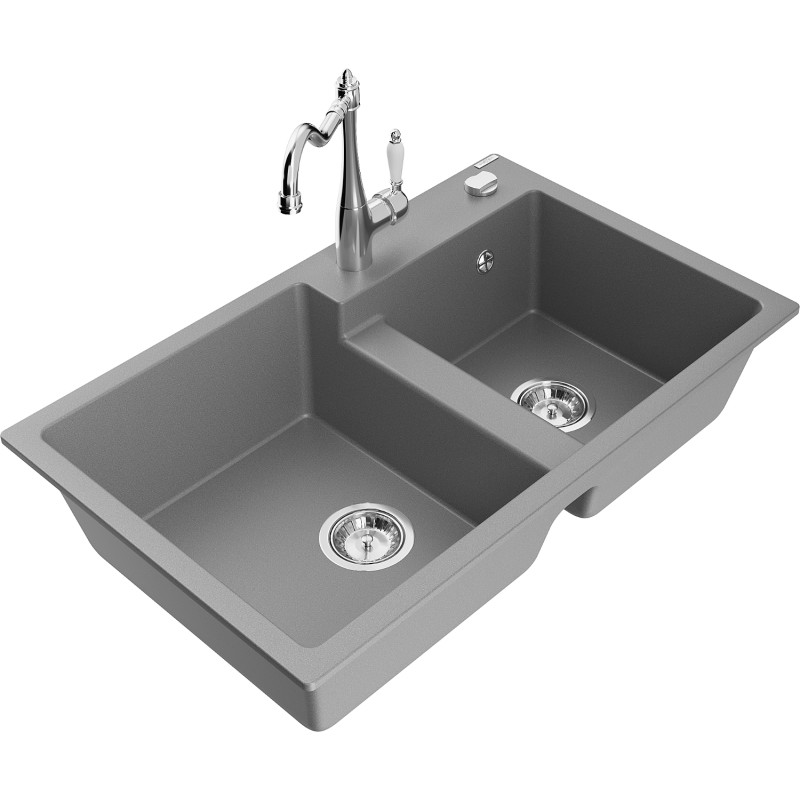 Mexen Tomas fregadero de granito de 2 compartimentos con grifo de cocina Carla, gris - 6516-71-670700-00