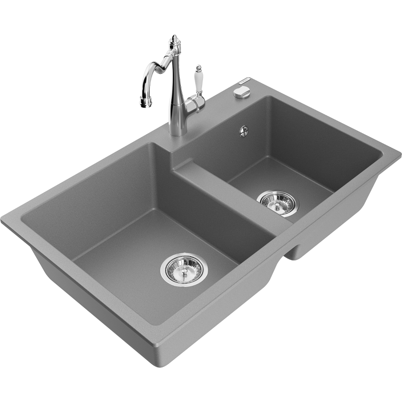 Mexen Tomas Granitspüle 2-Kammer mit Küchenarmatur Carla, grau - 6516-71-670700-00