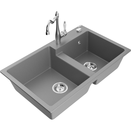 Mexen Tomas lava-louça de granito 2-cubas com misturadora de cozinha Carla, cinzento - 6516-71-670700-00