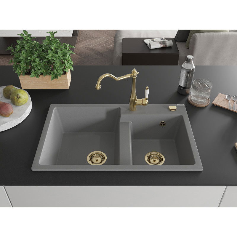 Mexen Tomas granite sink 2-chamber with Carla kitchen tap, grey - 6516-71-670700-50