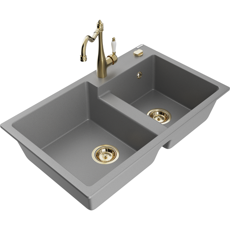 Mexen Tomas granite sink 2-chamber with Carla kitchen tap, grey - 6516-71-670700-50