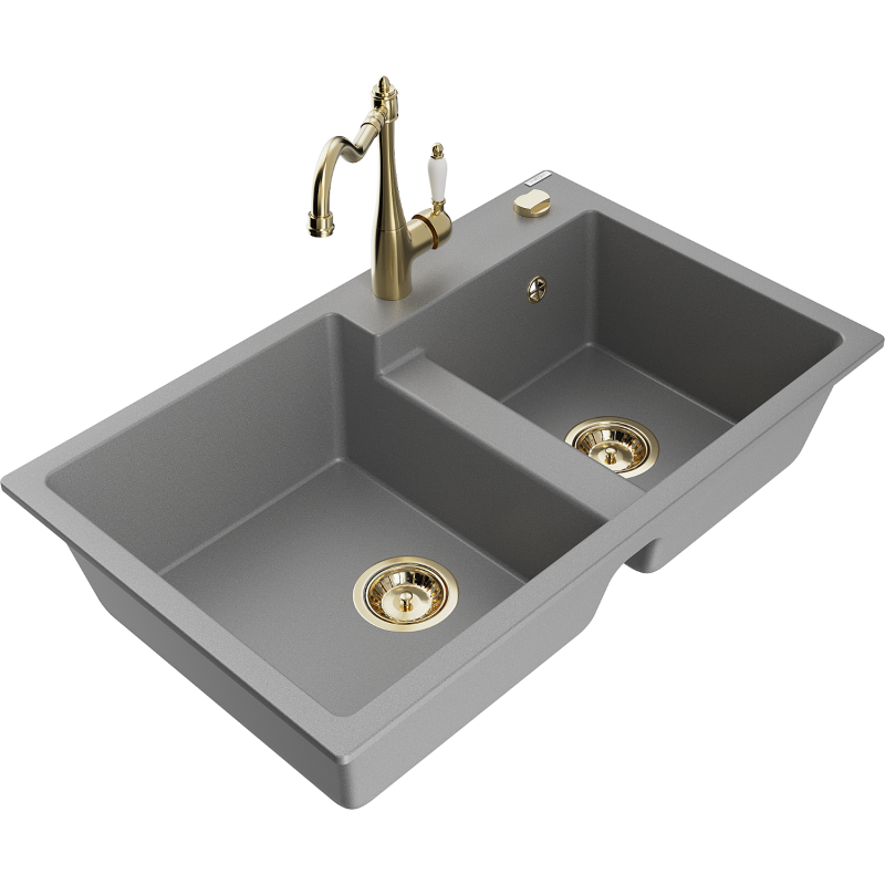 Mexen Tomas lava-louça em granito de 2 cubas com torneira de cozinha Carla, cinza - 6516-71-670700-50