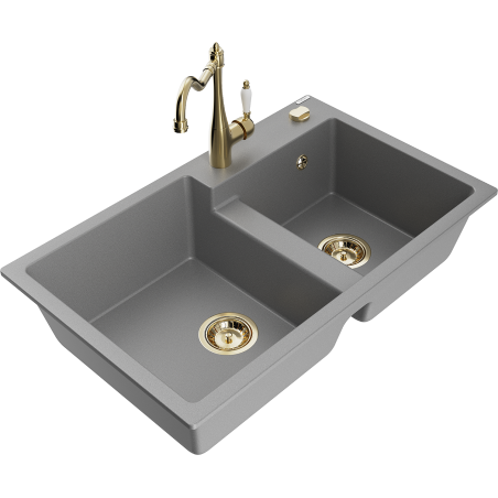 Mexen Tomas granite sink 2-chamber with Carla kitchen tap, grey - 6516-71-670700-50