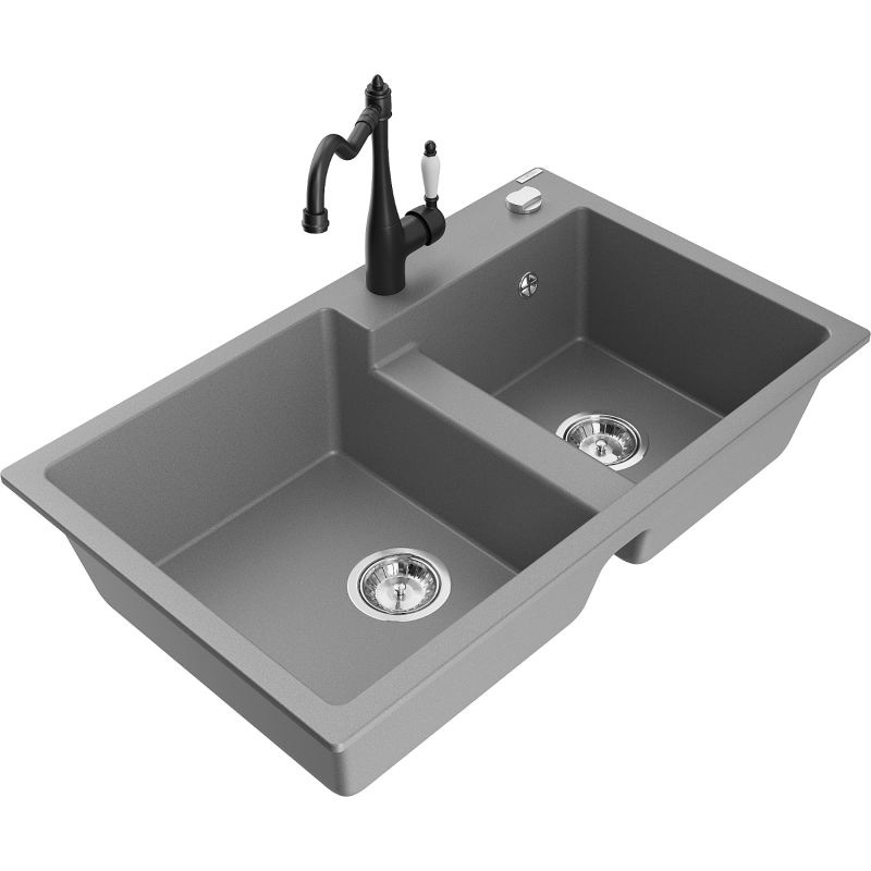 Mexen Tomas granite sink 2-chamber with Carla kitchen tap, grey - 6516-71-670700-70