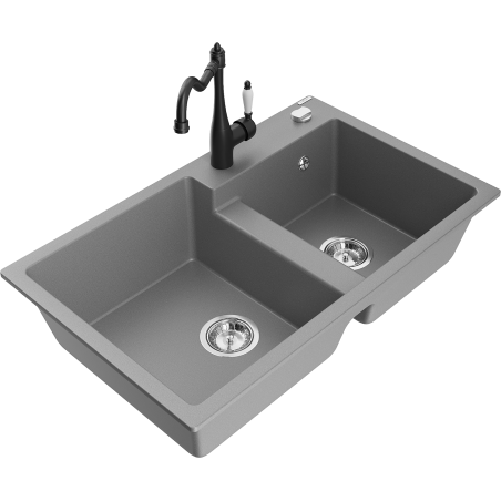 Mexen Tomas granite sink 2-chamber with Carla kitchen tap, grey - 6516-71-670700-70