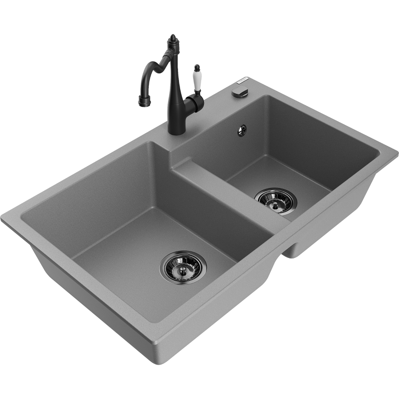 Mexen Tomas granite sink 2-bowl with Carla kitchen tap, grey - 6516-71-670700-70-B